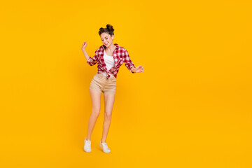 Full length photo of positive lovely lady clubber dance energetic pop freestyle isolated bright color background