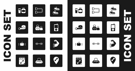 Set Sport sneakers, Kettlebell, Tape measure, Sports nutrition, Music player, Chest expander, Bodybuilder muscle and Apple icon. Vector