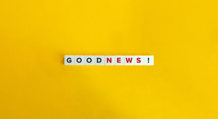 Good News Banner. Text on Block Letter Tiles on Yellow Background. Minimal Aesthetics. - obrazy, fototapety, plakaty