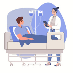 Doctor tells about results of examination, disease and treatment plan to patient lying on hospital bed with intravenous drip. Vector characters flat cartoon illustration.