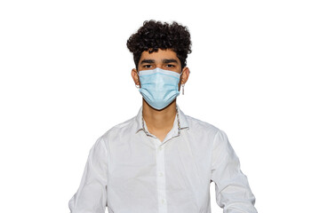 Young Latin man with curly hair wearing a face mask to protect himself from an infectious respiratory disease isolated on white background