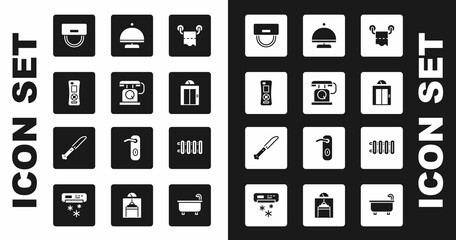 Set Toilet paper roll, Telephone handset, Remote control, Bellboy hat, Lift, Covered with tray, Heating radiator and Knife icon. Vector
