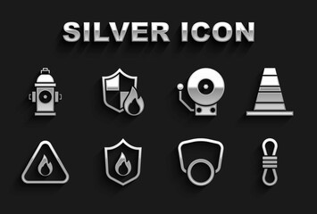 Set Fire protection shield, Traffic cone, Climber rope, Gas mask, flame in triangle, Ringing alarm bell, hydrant and icon. Vector
