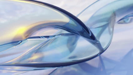Rolgordijnen Abstract background in sunnrise nature landscape. Transparent glossy glass ribbon on ocean. Holographic curved wave in motion. Iridescent design element for banner background, wallpaper. 3d render © volodyar