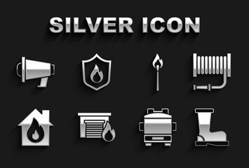 Set Fire in burning garage, hose reel, boots, truck, house, Burning match with fire, Megaphone and protection shield icon. Vector