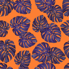 Orange -purple pattern with tropical leaves