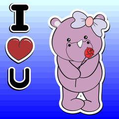 cute standing rhino girl sticker cartoon holding red rose love illustartion in vector format