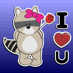 cute standing raccoon girl sticker cartoon holding red rose love illustartion in vector format