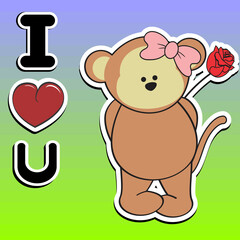 cute standing monkey girl sticker cartoon holding red rose love illustartion in vector format