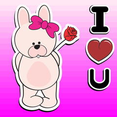 cute standing bunny girl sticker cartoon holding red rose love illustartion in vector format