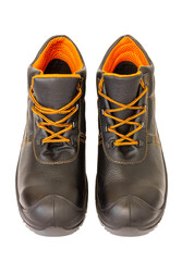 Isolated boots. Black work boots. Leather shoes on a white background.