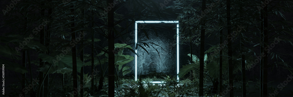 Aufkleber 3d rendering of blue lighten square shape surrounded by bamboo trees and jungle environment