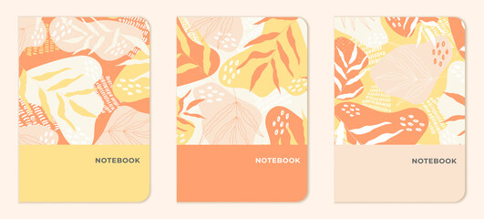 Abstract templates with leaves in yellow, peach and orange tones for notepads, planners, brochures, books, catalogues. Vector.