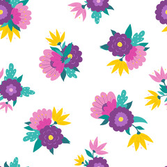 floral seamless pattern with hand drawn abstract flowers and leaves on white background. Good for textile prints, wallpaper, wrapping paper, kids apparel, scrapbooking, stationary, etc. EPS 10