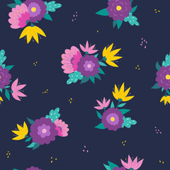 Fototapeta na wymiar seamless pattern with flowers on blue background. Hand drawn abstract flowers and leaves for textile prints, scrapbooking, wallpaper, wrapping paper, sublimation, backgrounds, etc. EPS 10