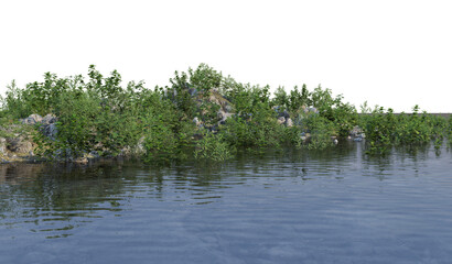 A lake with an island in the water on a white background.