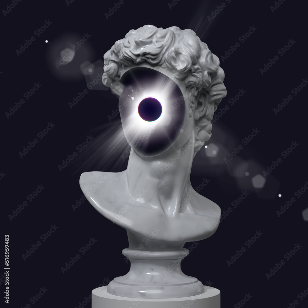 Aufkleber abstract creative illustration from 3d rendering of classical male bust with sun eclipse bursting in