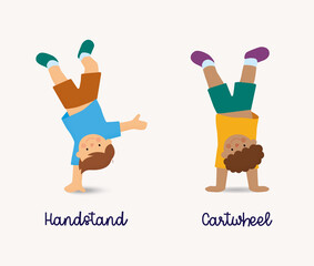 kids in t-shirt and short pant doing handstand and cartwheel