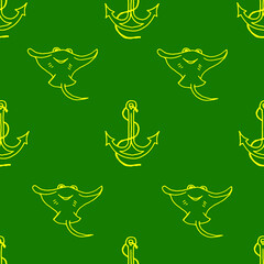 Obraz premium Anchor and stingray fish drawn with yellow marker on green paper. Seamless background with pattern of cramp-fish and anchor. Summer vacation concept.