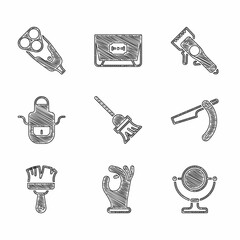 Fototapeta na wymiar Set Mop, Medical rubber gloves, Round makeup mirror, Straight razor, Shaving brush, Barber apron, Electrical hair clipper and blade icon. Vector