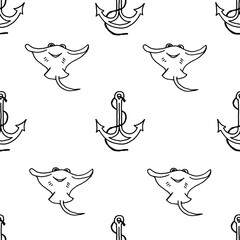 Anchor and stingray fish drawn with black marker on white paper. Seamless background with pattern of cramp-fish and anchor. Summer vacation concept.