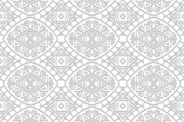 Embossed white background, ethnic cover design. Geometric elegant 3D pattern. Tribal lace ornaments of East, Asia, India, Mexico, Aztecs, Peru. Handmade style.
