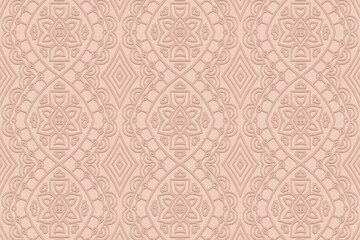 Embossed pink background, ethnic cover design. Geometric decorative 3D pattern. Tribal lace ornaments of East, Asia, India, Mexico, Aztecs, Peru. Handmade style.