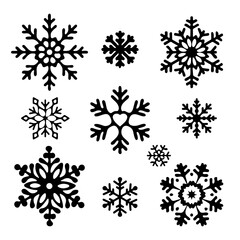 Set of Black Snowflakes on a White background. Flat Vector Illustration.	