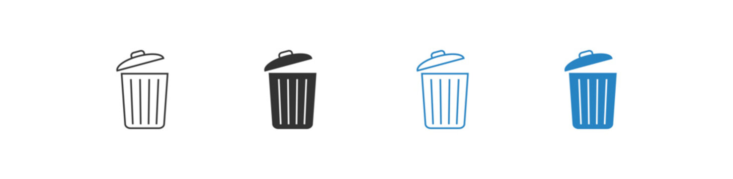 Trash can set different icons. Bin garbage icon. Vector isolated flat illustration