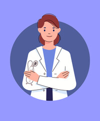 Avatar of doctor. Young woman in white coat holds stethoscope in her arms crossed over her chest. Illustration for medical site, online appointment with physician. Character vector illustration. 