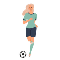 Beautiful smiling girl soccer player running kicking a ball. Front view. Woman playing football. Colorful female character isolated on white background. Vector illustration.