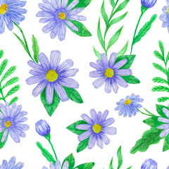 Fototapeta na wymiar Watercolor spring chamomile daisy floral pattern. Flower seamless background. Flourish ornamental garden for textiles, curtains, bed linen, for postcard backgrounds, wrapping paper.