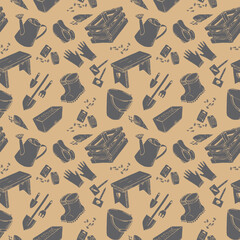 Seamless pattern with silhouette garden tools, watering can, boots, shovels, seeds. Endless texture with monochrome gray elements on beige background. Vector illustration.