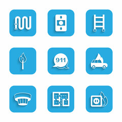 Set Emergency call 911, Evacuation plan, Electric wiring of socket in fire, Burning car, Smoke alarm system, match with, Fire escape and hose reel icon. Vector
