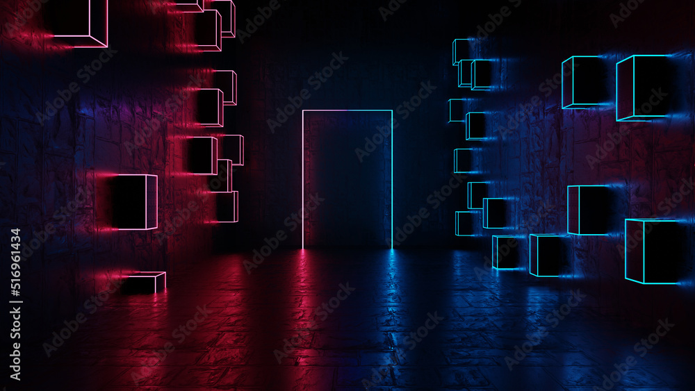 Poster glowing square neon abstract background. wall with cube and neon. 3d rendering