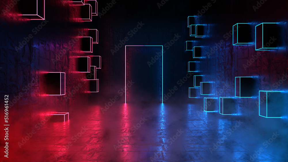 Poster glowing square neon and smoke abstract background. wall with cube and neon. 3d rendering