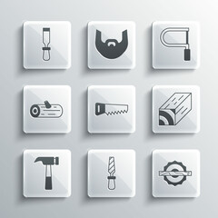 Set Rasp metal file, Electric circular saw, Wooden beam, Hand, Hammer, logs, Chisel tool and Hacksaw icon. Vector