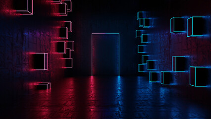 Glowing square neon abstract background. Wall with cube and neon. 3D rendering