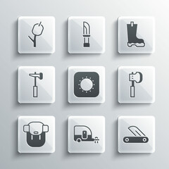 Set Rv Camping trailer, Swiss army knife, Wooden axe, Sun, Hiking backpack, Hammer, Marshmallow on stick and Waterproof rubber boot icon. Vector