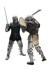 Two medieval warriors fight in a duel.