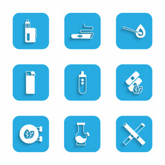 Set Electronic cigarette, Bong, Cigarette, Medical nicotine patches, Tobacco leaf shop, Lighter, Burning match with fire and Vape mod device icon. Vector