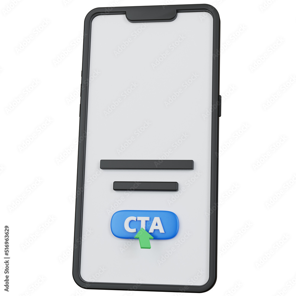 Poster 3d rendering black smartphone with blue cta icon button isolated