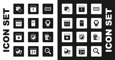 Set Digital alarm clock, Alarm app mobile, Payday, calendar with dollar, Work time, Clock, Calendar, Waste of and summer icon. Vector