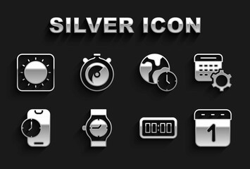 Set Wrist watch, Calendar settings, Digital alarm clock, Alarm app mobile, World time, Sun and Stopwatch icon. Vector