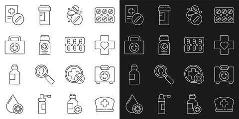 Obraz na płótnie Canvas Set line Nurse hat with cross, First aid kit, Heart, Medicine pill or tablet, bottle, Medical prescription and Pills blister pack icon. Vector