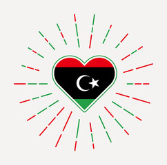 Libya heart with flag of the country. Sunburst around Libya heart sign. Vector illustration.