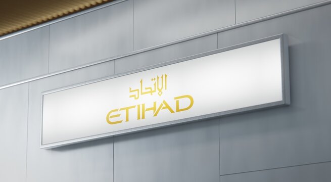 Etihad Airways logo on illuminated airport sign. Editorial 3D rendering