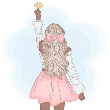 Stylish blonde with gorgeous hair with a bouquet of wildflowers, back view, back, trendy vector illustration