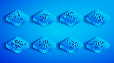 Obraz premium Set line Buffalo skull, Western cowboy hat, Pickaxe, Cactus, Cowboy boot, Soda can with straw, Medal star and Hexagram sheriff icon. Vector