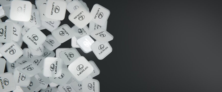 Logo of Japanese automobile manufacturer Lexus on floating translucent blocks. Editorial 3D rendering